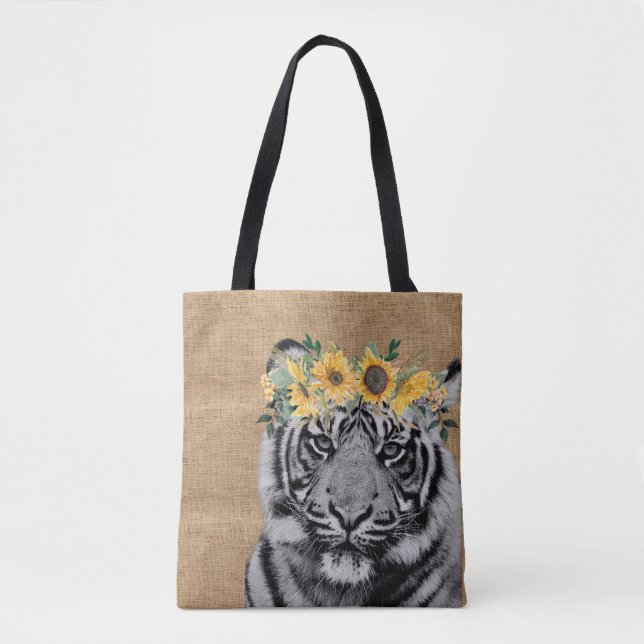 Burlap Tiger Black White Sunflower Flower Crown Tote Bag (Front)