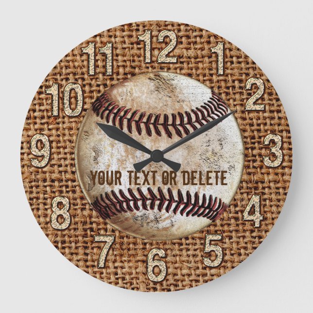 Burlap Vintage Baseball Clock with YOUR TEXT (Front)
