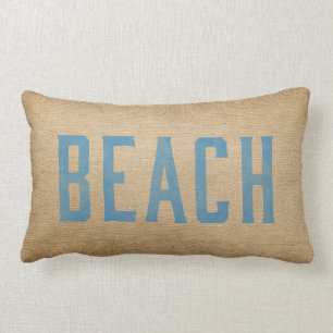 Burlap Vintage Beach Live Love Surf Blue Lumbar Cushion