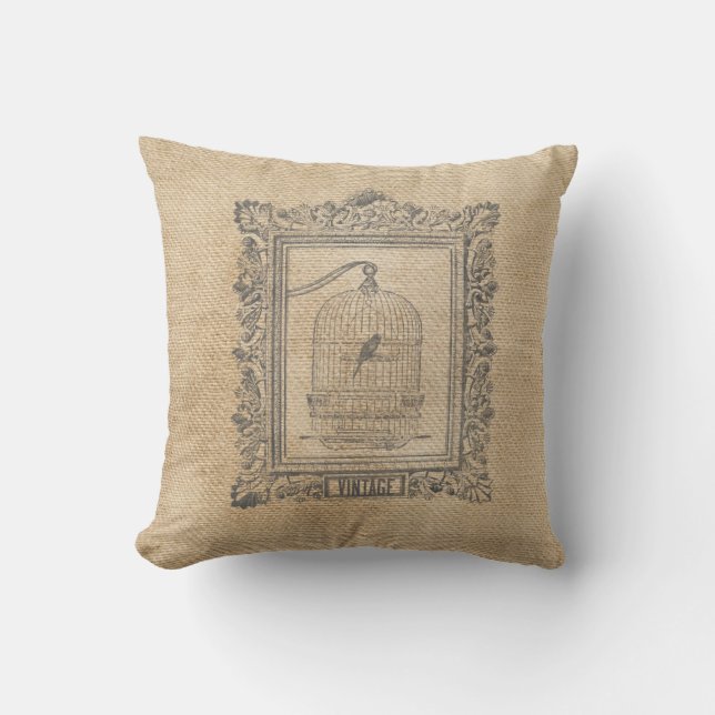 Burlap Vintage Bird Cage in Frame Cushion (Front)