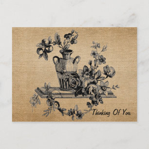 Burlap Vintage Flowers in Vase Thinking of You Postcard