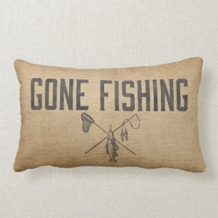 Burlap Vintage Gone Fishing Lumbar Cushion