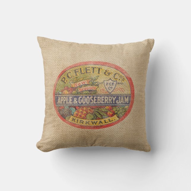 Burlap Vintage Gooseberry Jam Advertisement Cushion (Front)