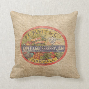 Burlap Vintage Gooseberry Jam Advertisement Cushion