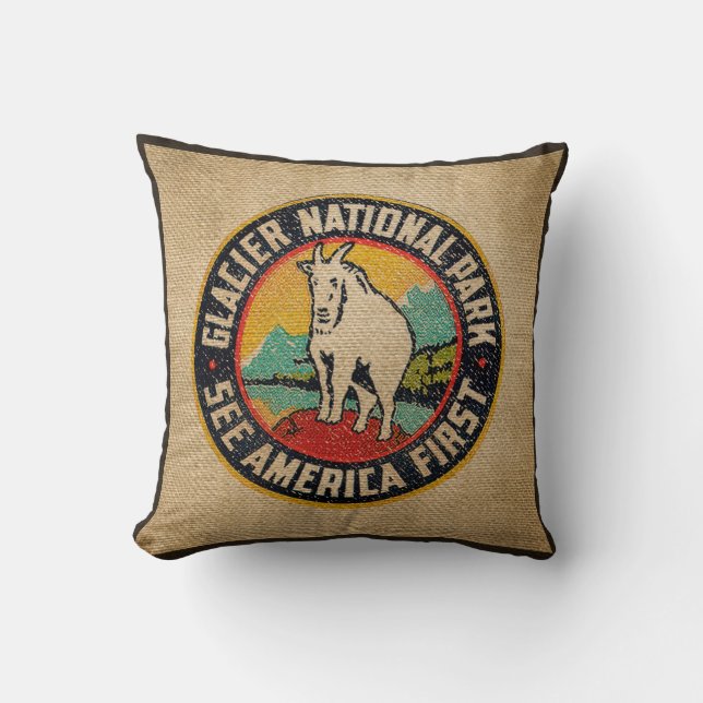 Burlap Vintage Label Glacier National Park Goat Cushion (Front)