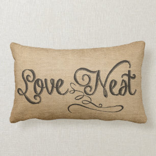 Burlap Vintage Love Nest Lumbar Cushion