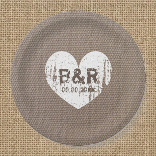 Burlap vintage monogram bbq wedding paper plates