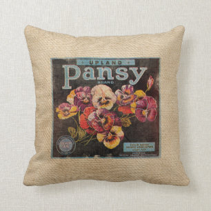 Burlap Vintage Pansey Flowers Cushion