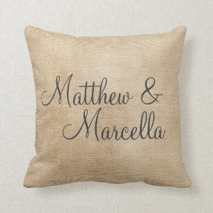 Burlap Vintage Personalise Wedding Names Date Cushion