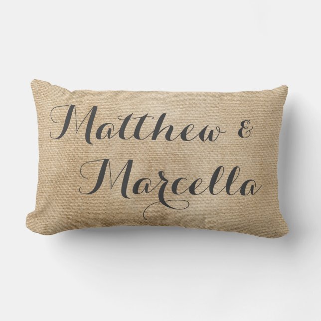 Burlap Vintage Personalised Wedding Names Date Lumbar Cushion (Front)
