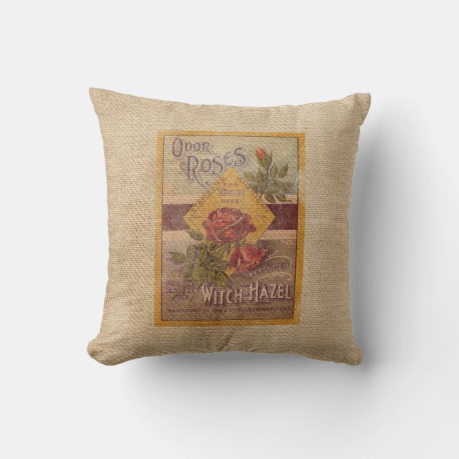 Burlap Vintage Roses Witch Hazel Advertisement Cushion (Front)