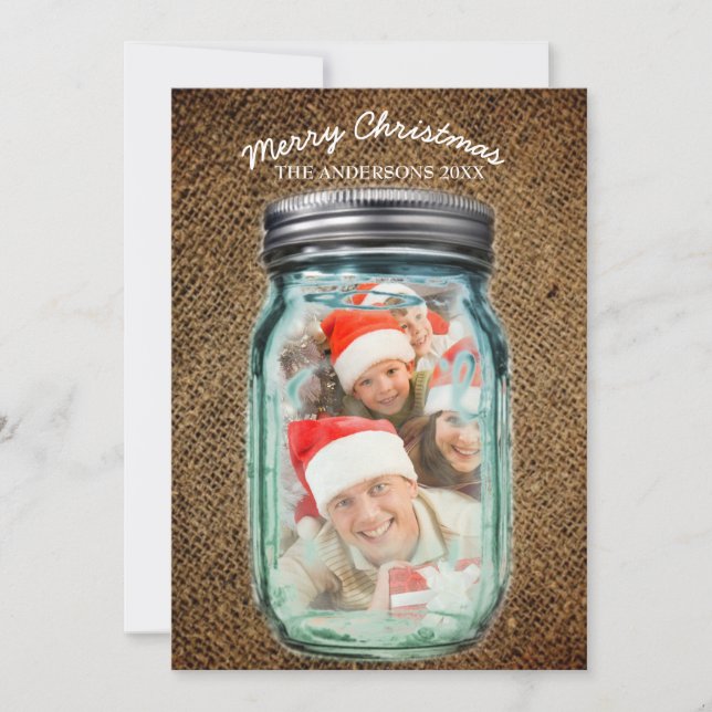 Burlap Western Country Mason Jar Christmas Photo Holiday Card (Front)