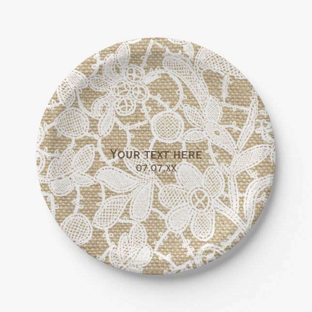 Burlap & White Floral Lace Elegant Rustic Wedding Paper Plate (Front)