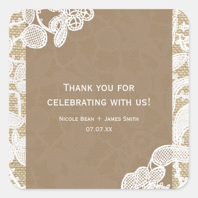 Burlap & White Floral Lace Elegant Rustic Wedding Square Sticker (Front)