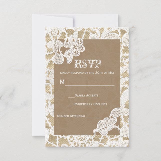 Burlap & White Floral Lace Rustic Wedding RSVP (Front)