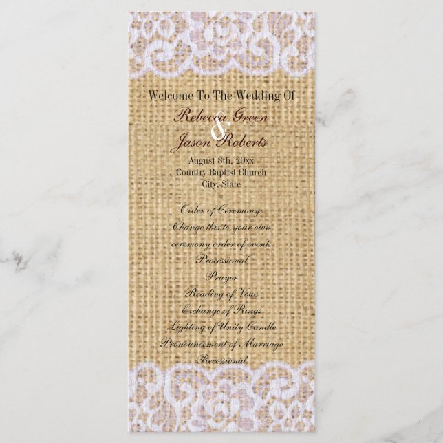 burlap white lace country rustic wedding program programme (Front)