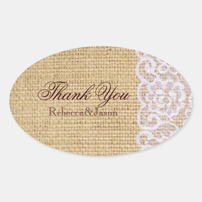 burlap white lace country rustic wedding thank you oval sticker (Front)