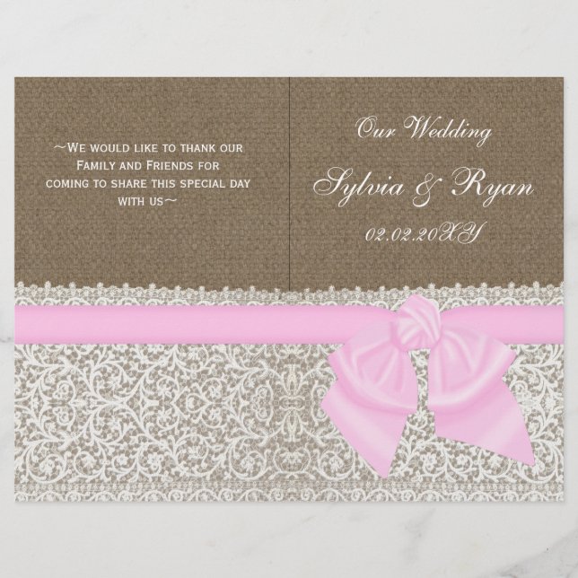 burlap white lace pink folded Wedding program (Front)