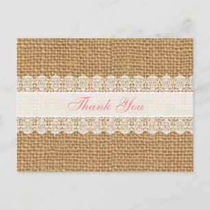 Burlap with Delicate Lace -Chic Thank You Pink Postcard