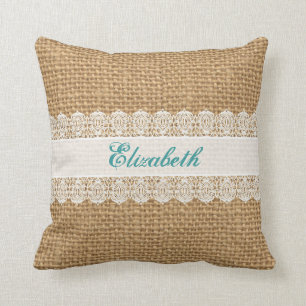 Burlap with Delicate Lace - Shabby Chic Monogram Cushion