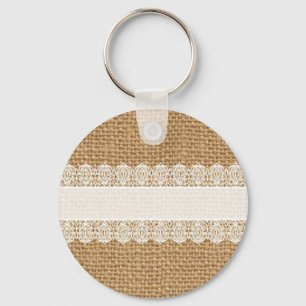 Burlap with Delicate Lace - Shabby Chic Style Key Ring