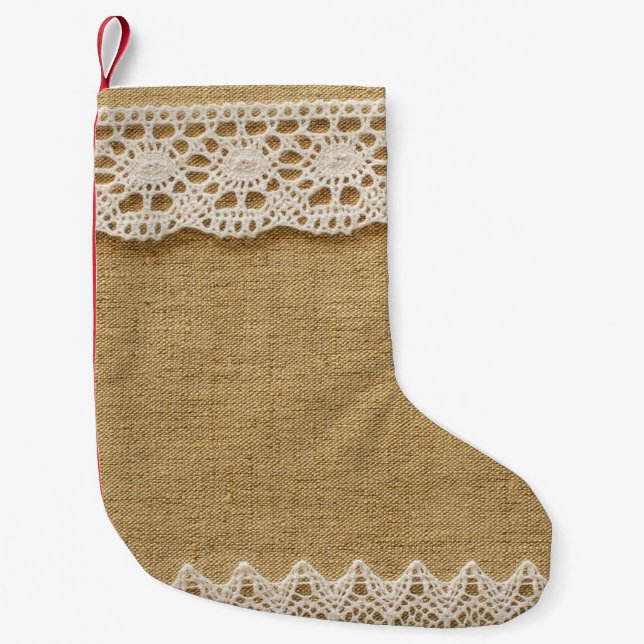Burlap with lace small christmas stocking (Front)