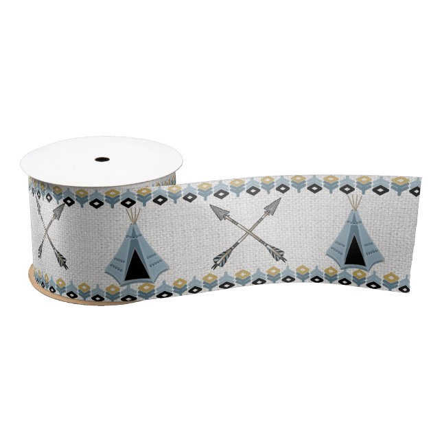 Burlap with Tribal Arrows and Teepees Satin Ribbon (Spool)