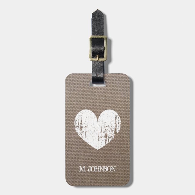 Burlap with weathered heart travel luggage tag (Front Vertical)