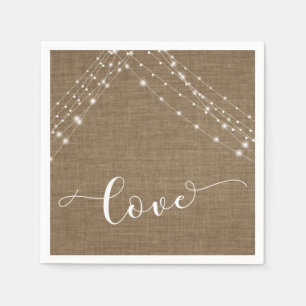 Burlap with White Light Strings & Love Typography Napkin