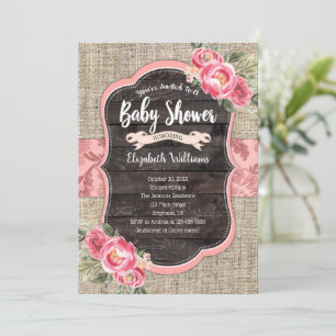 Burlap Wood Pink Flowers Girl Baby Shower Invitation