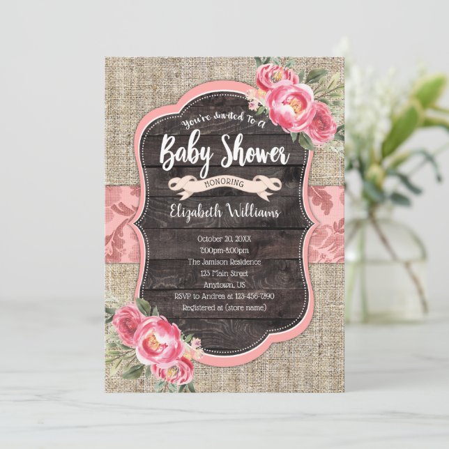 Burlap Wood Pink Flowers Girl Baby Shower Invitation (Standing Front)