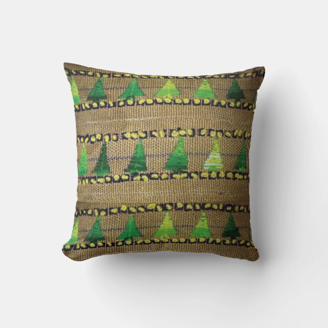Burlap & Yarn Embroidered Tree Print Cushion (Front)
