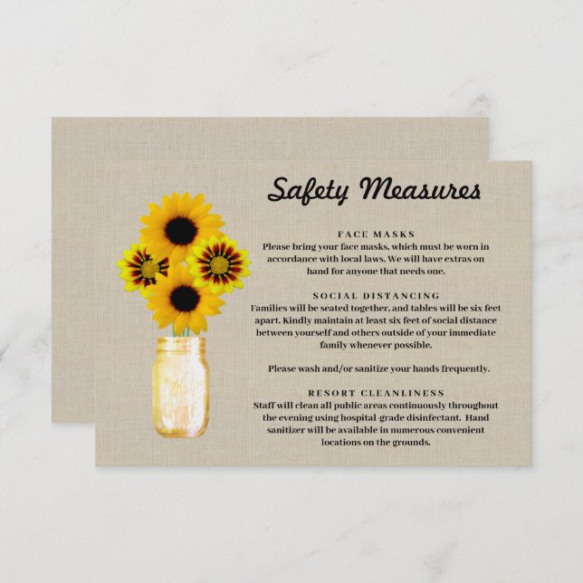 Burlap Yellow Floral Mason Jar Safety Measures Enclosure Card (Front/Back)