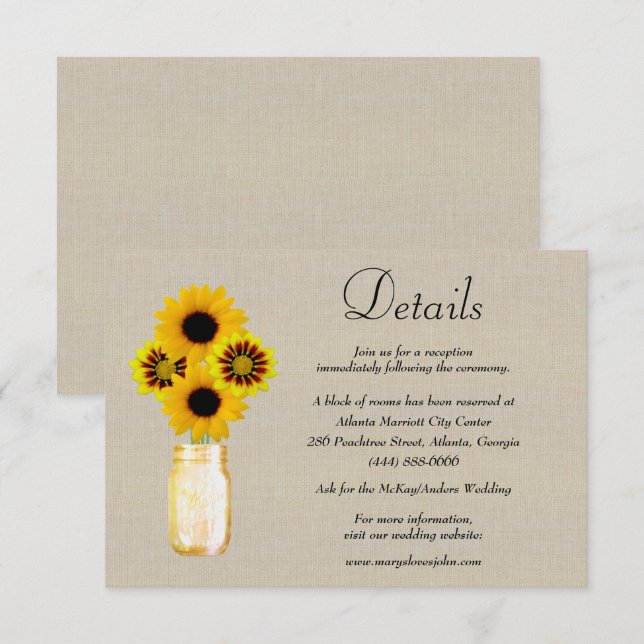 Burlap Yellow Floral Mason Jar Wedding Details Enclosure Card (Front/Back)