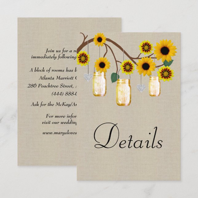 Burlap Yellow Floral Mason Jars Wedding Details Enclosure Card (Front/Back)