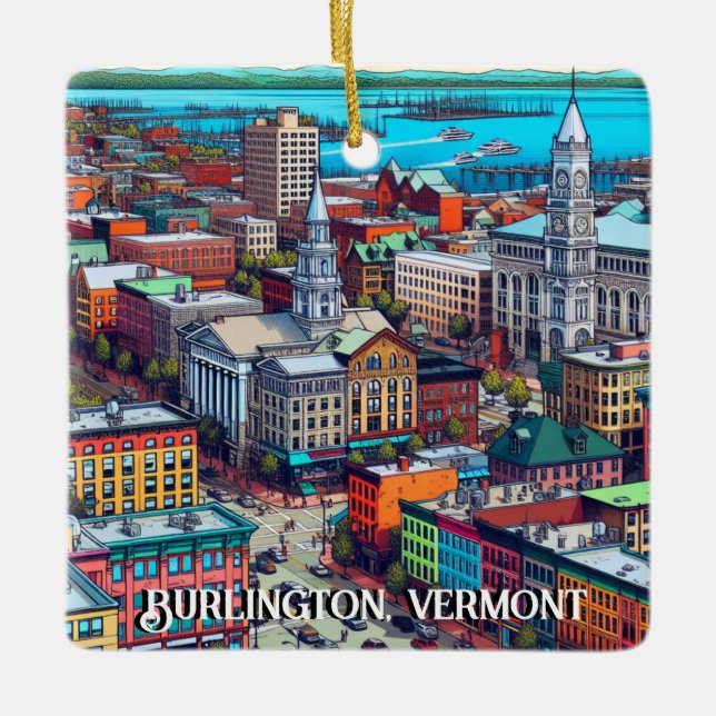 Burlington, Vermont Comic Book Style Art Ceramic Ornament (Front)