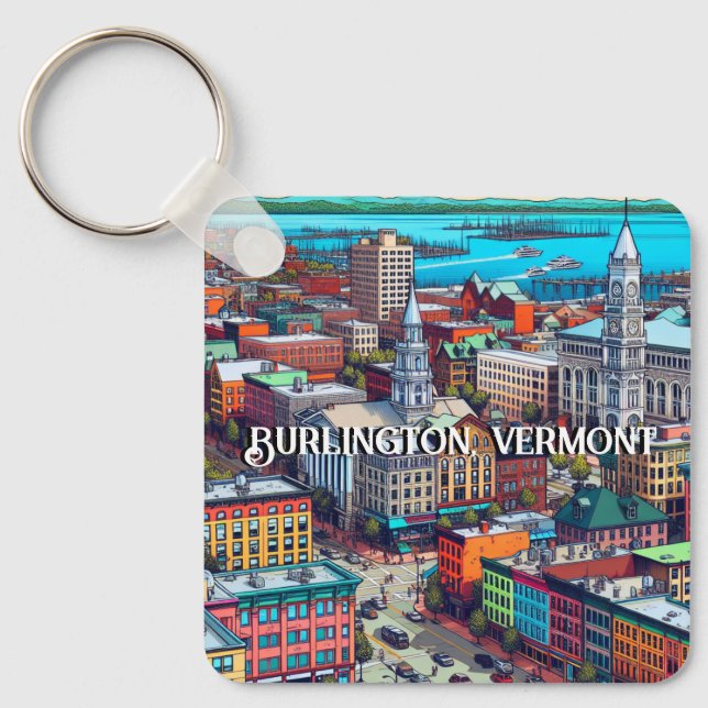 Burlington, Vermont Comic Book Style Art Key Ring (Front)
