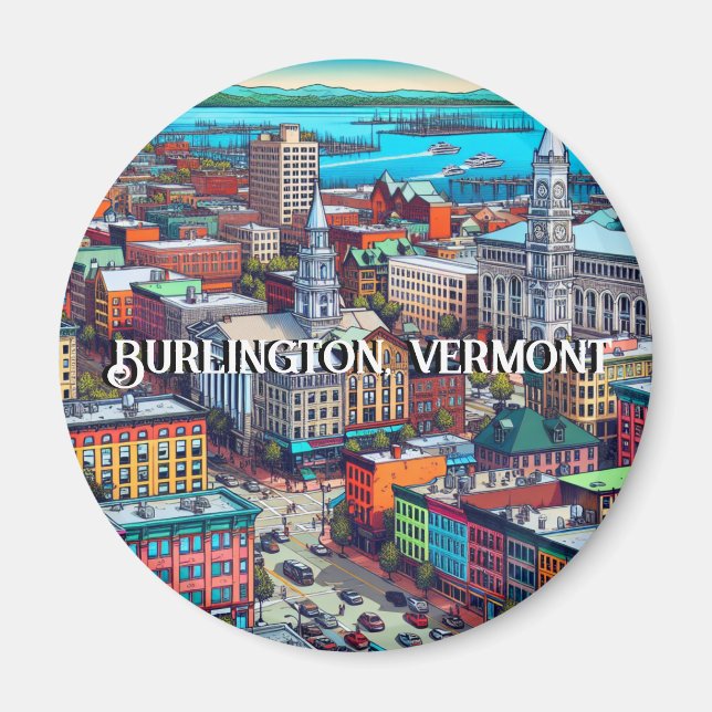Burlington, Vermont Comic Book Style Art Magnet (Front)