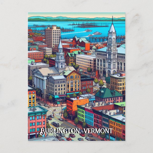 Burlington, Vermont Comic Book Style Art Postcard (Front)