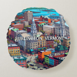 Burlington, Vermont Comic Book Style Art Round Cushion