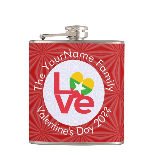 Burma Myanmar Red LOVE Flag Personalised  Hip Flask (Front)