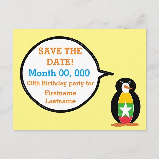 Burma Myanmar Talking Ms Penguin Personalised  Announcement Postcard (Front)