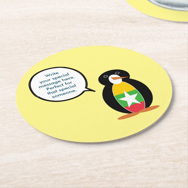 Burma Myanmar Talking Ms Penguin Personalised  Round Paper Coaster (Angled)