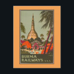 Burma Myanmar Temples | Vintage Travel Poster Postcard<br><div class="desc">A high quality reproduction print of a vintage travel poster by Burma Railways promoting tourism to Burma (Myanmar),  ca 1930s. 
Bright colours in shades of green,  orange and purple of a temple in a forest. Figures with large parasols are in the front courtyard.</div>