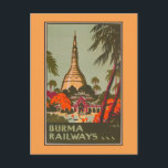 Burma Myanmar Temples | Vintage Travel Poster Postcard<br><div class="desc">A high quality reproduction print of a vintage travel poster by Burma Railways promoting tourism to Burma (Myanmar),  ca 1930s. 
Bright colours in shades of green,  orange and purple of a temple in a forest. Figures with large parasols are in the front courtyard.</div>