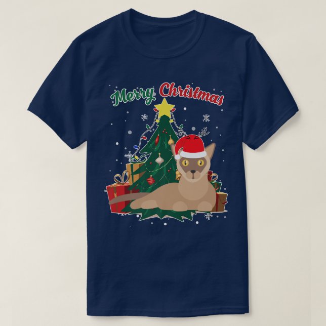 Burmese Cat Christmas Tree Snow Flakes Xmas Presen T-Shirt (Design Front)