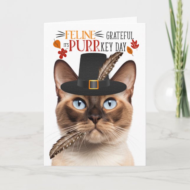 Burmese Cat Feline Grateful for PURRkey Day Holiday Card (Front)