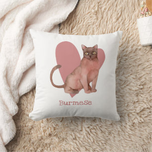 Burmese Cat Watercolor Kitty Pink Heart Cushion