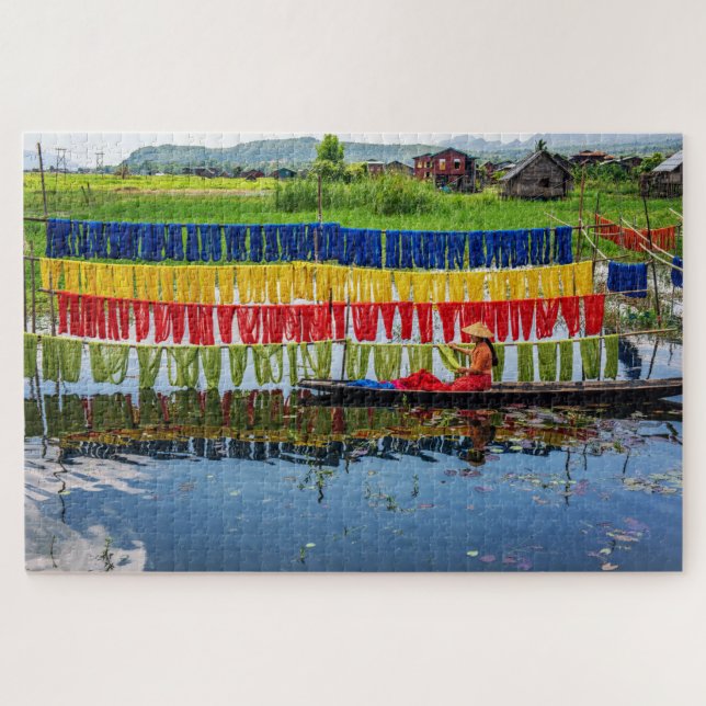 Burmese Colorful Fabric Myanmar Boat Travel Scenic Jigsaw Puzzle (Horizontal)