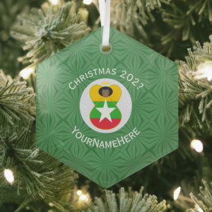 Burmese Myanmar Angel Christmas Flag Personalised  Glass Tree Decoration